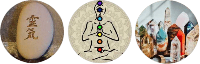 Reiki symbol, chakra orbs and healing crystals